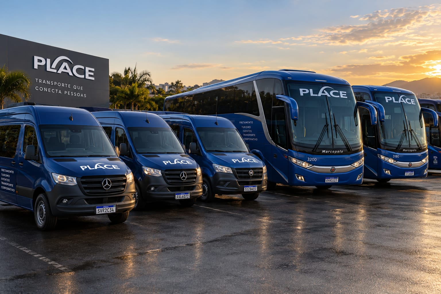 Frota de vans e ônibus da Place no pátio da empresa ao entardecer